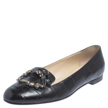 Pre Owned Dior Black Croc Embossed Leather Crystal Embellished Slip On Loafers Size 41