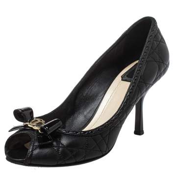 Pre Owned Dior Black Leather Bow Peep Toe Pumps Size 40