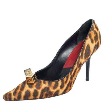 Pre Owned Dior Brown/Beige Calf Hair Dice Embellished Pointed Toe Pumps Size 39.5