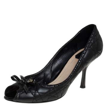 Pre Owned Dior Black Cannage Leather Bow Peep Toe Pumps Size 40.5