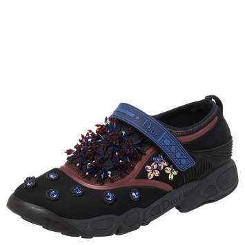 Pre Owned Dior Black Crystal And Sequins Embellished Neoprene Fusion Slip On Sneakers Size 40.5