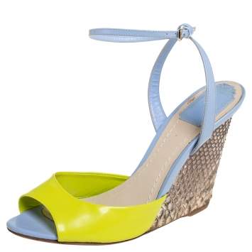 Pre Owned Dior Multicolor Patent Leather And Python Ankle Strap Wedge Sandals  Size 38