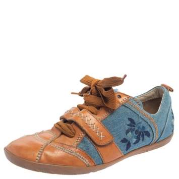 Pre Owned Dior Tan/Blue Denim And Leather Sneakers Size 38