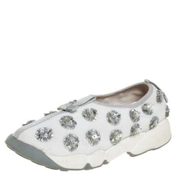 Pre Owned Dior White Mesh Fusion Floral Embellished Slip On Sneakers Size 36.5