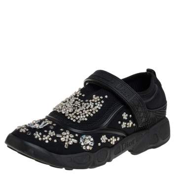 Pre Owned Dior Black Fabric and Mesh Fusion Embellished Low Top Sneakers Size 36.5