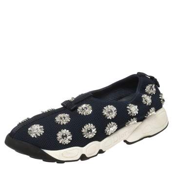 Pre Owned Dior Dark Blue Floral Embellished Mesh Fusion Slip On Sneakers Size 40