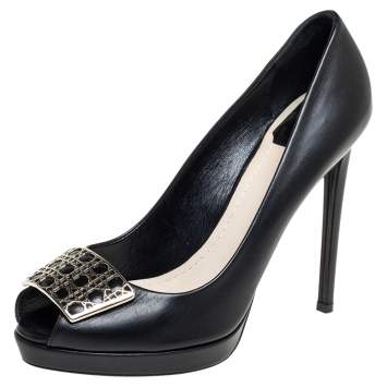 Pre Owned Dior Black Leather Metal Cannage Plaque Detail Peep Toe Pumps Size 40