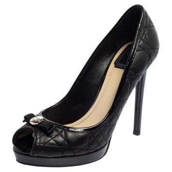 Pre Owned Dior Black Patent Leather And Leather Bow Peep Toe Platform Pumps Size 38