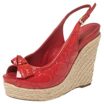 Pre Owned Dior Red Patent Cannage Leather Espadrille Wedge Peep Toe Slingback Sandals Size 37.5