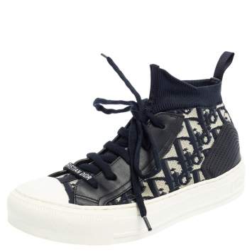 Pre Owned Dior Blue/White Technical Knit and Leather Walk'n'Dior High-Top Sneakers Size 35