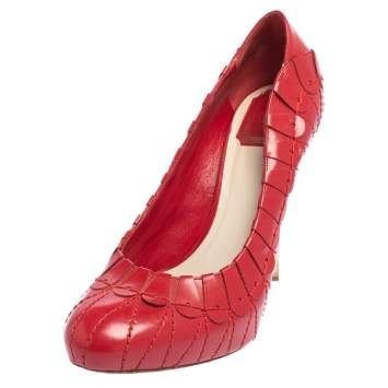 Pre Owned Dior Red Embroidered Leather Platform Pumps Size 38.5