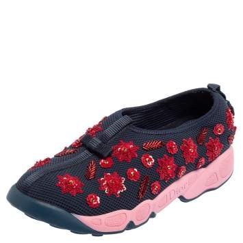 Pre Owned  Dior Blue Mesh Fusion Floral Embellished Slip On Sneakers Size 38