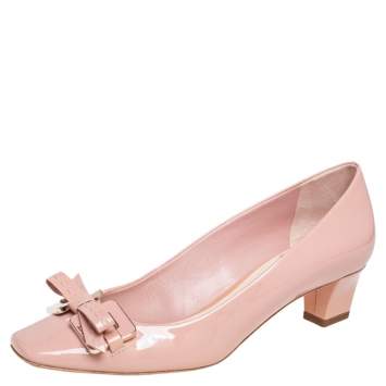 Pre Owned Dior Pink Patent Leather Bow Detail Square Toe Pumps Size 36.5