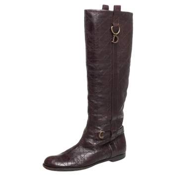 Pre Owned Dior Burgundy Cannage Leather Knee Length  Boots Size 39