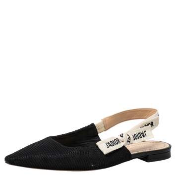 Pre Owned Dior Black Technical Fabric And J'adior Ribbon Pointed Toe Slingback Flats Size 38