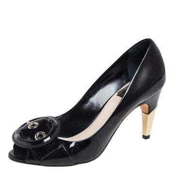 Pre Owned Dior Black Patent Leather Buckle Peep Toe Pumps Size 36