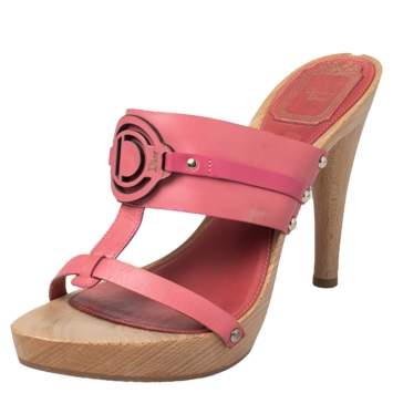 Pre Owned Dior Pink Leather Logo Embellished Slide Sandals Size 37.5