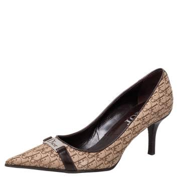 Pre Owned Dior Beige/Brown Canvas And Leather Trim Logo Embellished Pumps Size 37