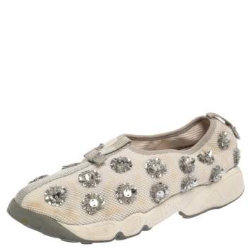 Pre Owned Dior White Mesh Fusion Floral Embellished Slip On Sneakers Size 38