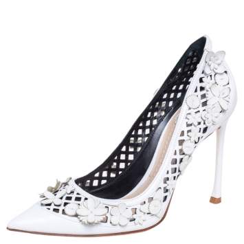 Pre Owned Dior White Leather Laser Cut Floral Embellished Pointed Toe Pumps Size 37.5