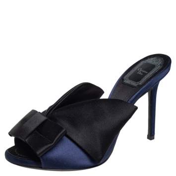 Pre Owned Dior Blue/Black Satin Bow Tie Slide Sandals Size 38.5