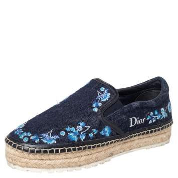 Pre Owned Dior Blue Floral Embroidered Denim Prairie Espadrille Flats Size 37