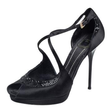 Pre Owned Dior Black Satin Crystal Embellished Peep Toe Ankle Strap Sandals Size 39
