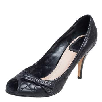 Pre Owned Dior Black Cannage Leather Bow Peep Toe Pumps Size 37