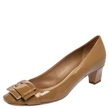 Pre Owned Dior Beige Patent Leather Buckle Detail Block Heel Pumps Size 41