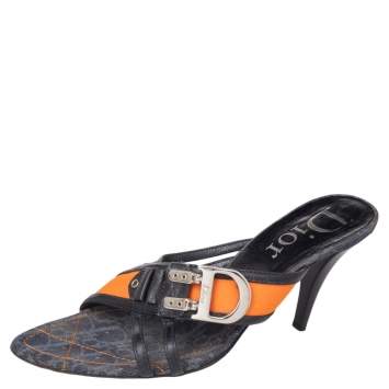 Pre Owned Dior Dark Blue Leather And Trotter Fabric Trim Buckle Detail Cross Strap Sandals Size 39.5