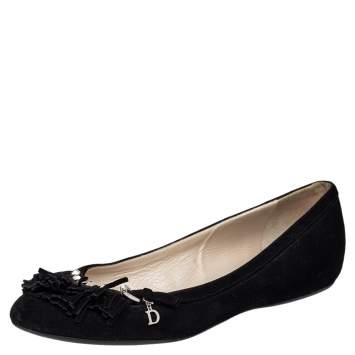 Pre Owned Dior Black Suede Fringe Detail Ballet Flats Size 38
