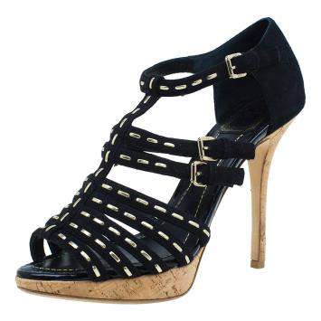 Pre Owned Dior Black Suede Stitched Antica Platform Sandals Size 39.5