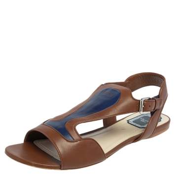 Pre Owned Dior Brown/Blue Leather Chromatic Slingback Flat Sandals Size 41