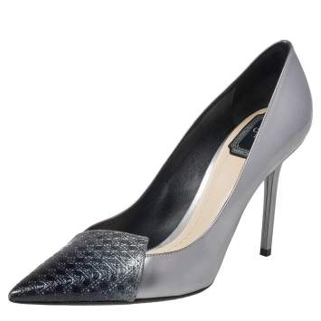 Pre Owned Dior Metallic Silver/Blue Leather Cannage Cap Toe Spade Pumps Size 40