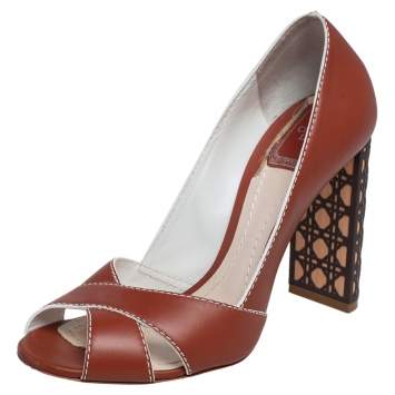 Pre Owned Dior Brown Leather Criss Cross Cannage Heel Peep Toe Pumps Size 37.5
