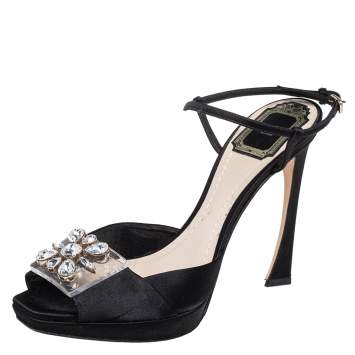 Pre Owned Dior Black Satin and PVC Crystal Embellished Open Toe Platform Ankle Strap Sandals Size 38