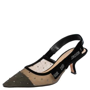 Pre Owned Dior Black Mesh and Suede Studded J'adior Slingback Sandals Size 38
