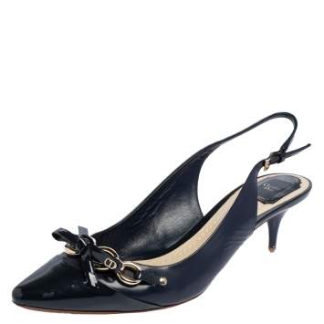Pre Owned Dior Blue Patent Leather Chain And Bow Embellished Slingback Sandals Size 41.5