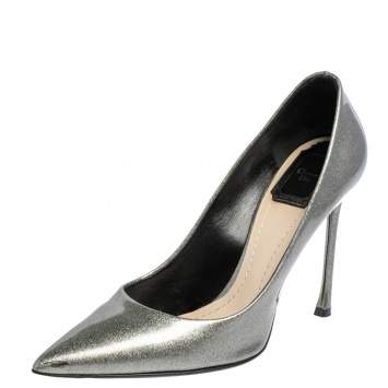 Pre Owned Dior Silver Patent Leather Cherie Pointed Toe Pumps Size 38