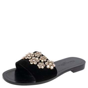 Pre Owned Dior Black Velvet Crystal Embellishment Flat Sandals Size 37.5