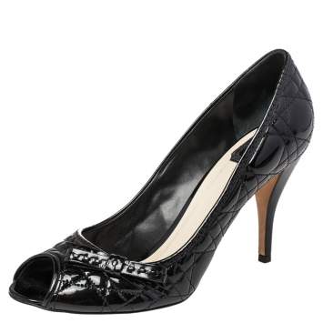 Pre Owned Dior Black Patent Leather Cannage Peep Toe Bow Pumps Size 41