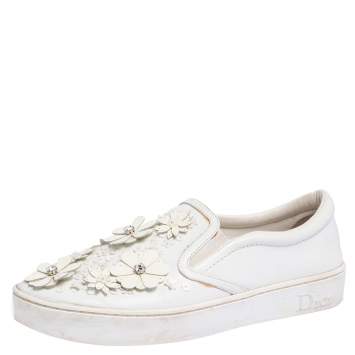 Pre Owned Dior White Leather Daisy Flower Embellished Slip On Sneakers Size 38