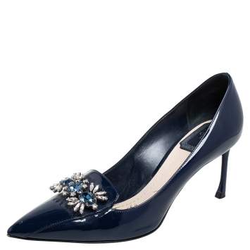 Pre Owned Dior Blue Patent Leather Crystal Embellished Pointed Toe Pumps Size 37