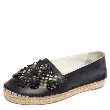 Pre Owned Dior Black Laser Cut Floral Embellished Leather Flore Espadrilles Size 38.5