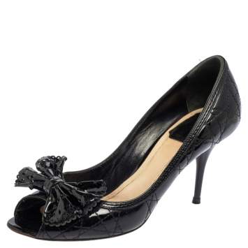 Pre Owned Dior Black Cannage Patent Leather Peep Toe Bow Pumps Size 37