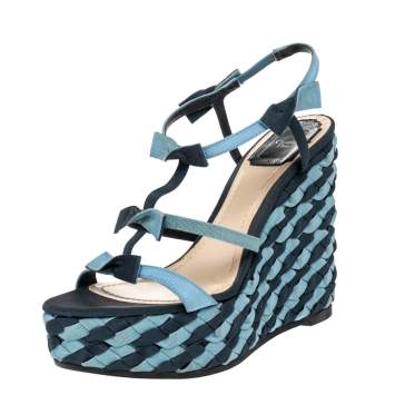 Pre Owned Dior Blue Denim Ankle Wrap Wedge Platform Sandals Size 38