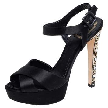 Pre Owned Dior Black Satin Crystal Cannage Heel Platform Sandals Size 38