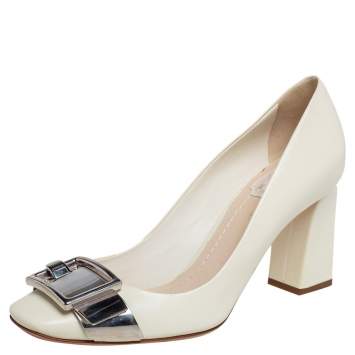 Pre Owned Dior Cream Patent Leather Buckle Block Heel Pumps Size 37.5