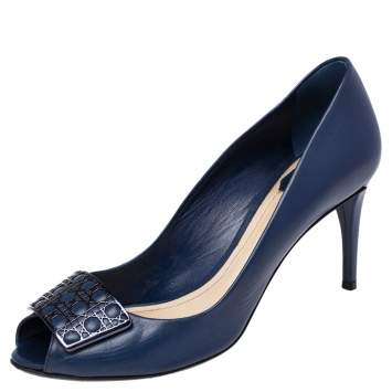 Pre Owned Dior Blue Leather Metal Cannage Plaque Detail Peep Toe Pumps Size 39