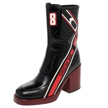 Pre Owned Dior Black/Red Leather Diorally Ankle Length Boots Size 37